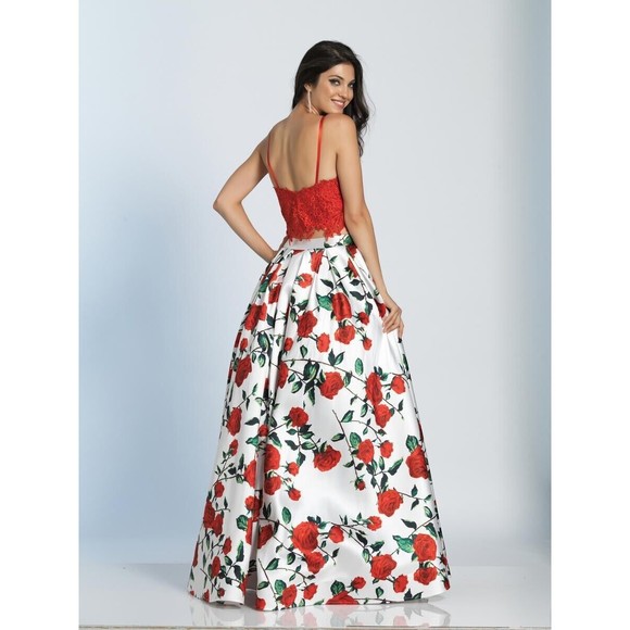 NWT Dave & Johnny 5265 Red White Floral Print Lace Ball Gown 2 Piece Prom Sz 3/4 - Picture 2 of 3